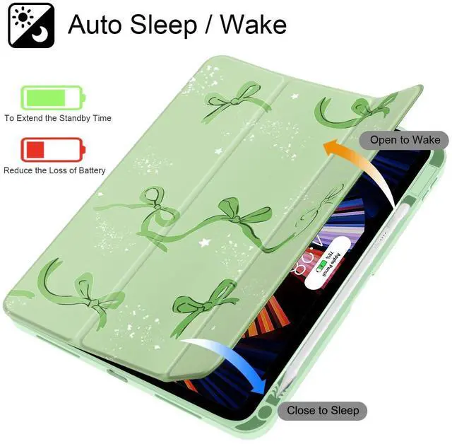 Alt view image 2 of 5 - Tuiklol Case for iPad Air 13 (M3 2025 / M2 2024), Buit in Pencil Holder with TPU Protection Shockproof Cover Clear Transparent Back Trifold Stand-Auto Wake/Sleep Tablet Case, Bow-Green