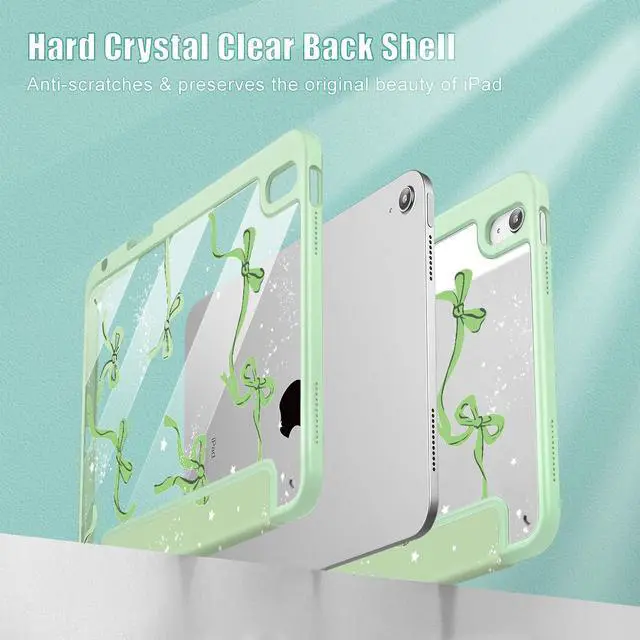Alt view image 3 of 5 - Tuiklol Case for iPad Air 13 (M3 2025 / M2 2024), Buit in Pencil Holder with TPU Protection Shockproof Cover Clear Transparent Back Trifold Stand-Auto Wake/Sleep Tablet Case, Bow-Green