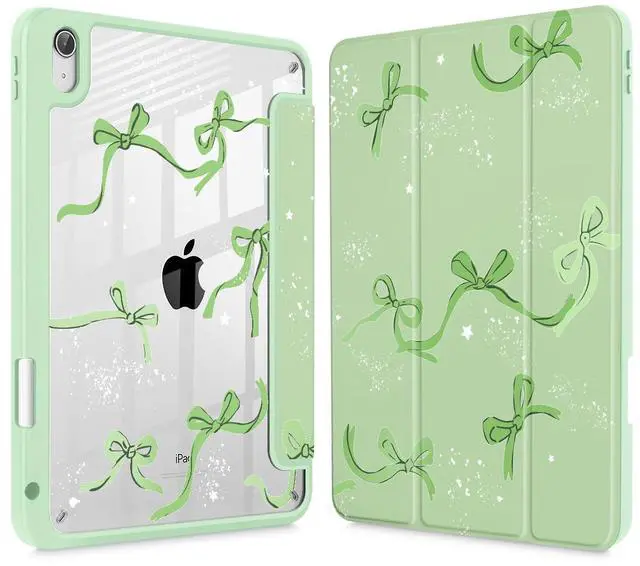 Main image of Tuiklol Case for iPad Air 13 (M3 2025 / M2 2024), Buit in Pencil Holder with TPU Protection Shockproof Cover Clear Transparent Back Trifold Stand-Auto Wake/Sleep Tablet Case, Bow-Green