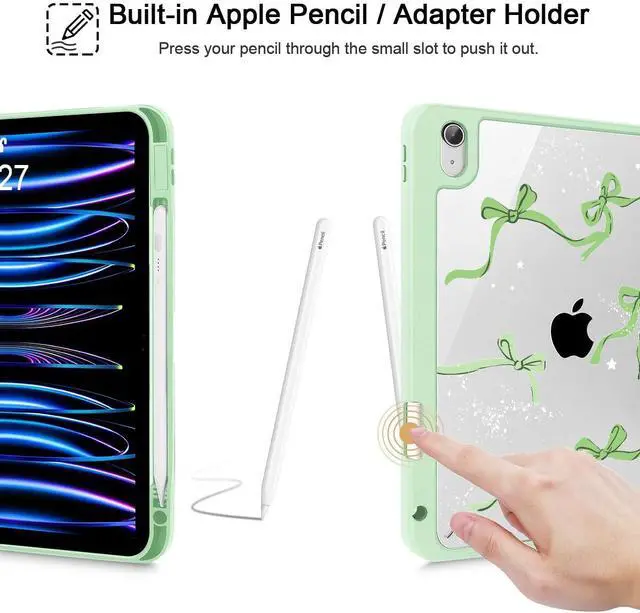 Alt view image 4 of 5 - Tuiklol Case for iPad Air 13 (M3 2025 / M2 2024), Buit in Pencil Holder with TPU Protection Shockproof Cover Clear Transparent Back Trifold Stand-Auto Wake/Sleep Tablet Case, Bow-Green