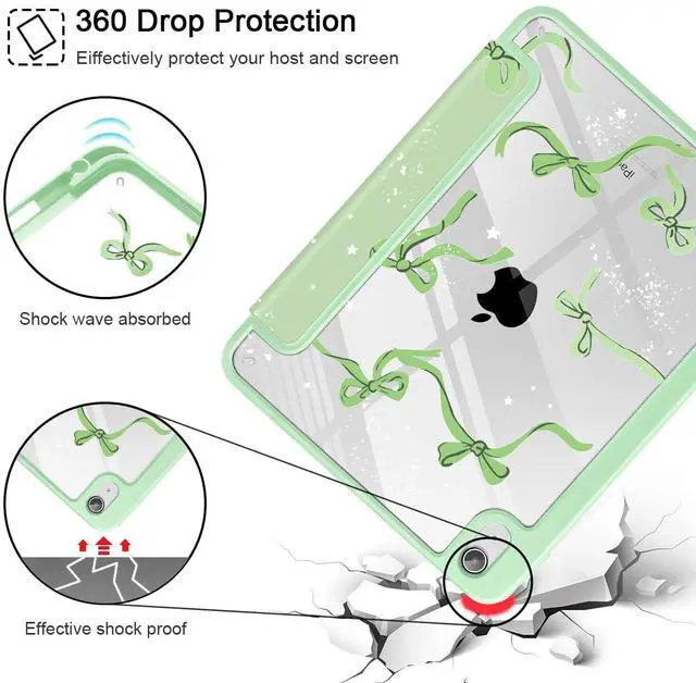 Alt view image 5 of 5 - Tuiklol Case for iPad Air 13 (M3 2025 / M2 2024), Buit in Pencil Holder with TPU Protection Shockproof Cover Clear Transparent Back Trifold Stand-Auto Wake/Sleep Tablet Case, Bow-Green