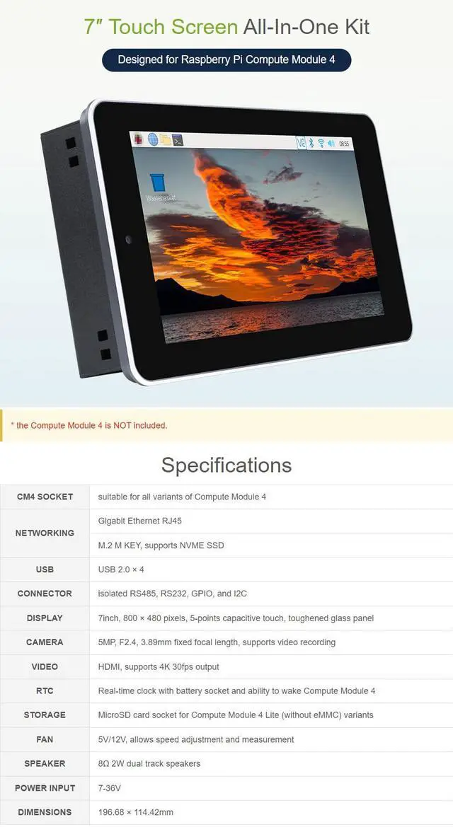 Alt view image 3 of 5 - Waveshare 7inch Touch Screen All-in-One Kit Designed for Raspberry Pi CM4 with 5MP Camera Aluminum Case Includes CSI, HDMI, USB, M.2, ETH, RS232, RS485 Interfaces
