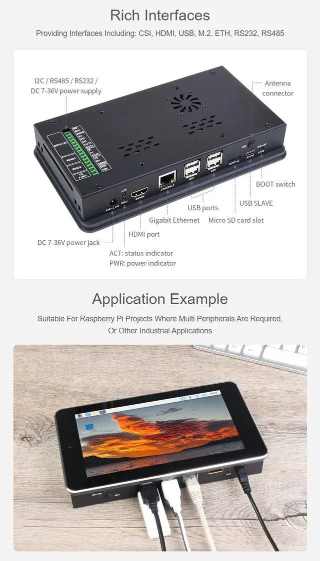 Alt view image 5 of 5 - Waveshare 7inch Touch Screen All-in-One Kit Designed for Raspberry Pi CM4 with 5MP Camera Aluminum Case Includes CSI, HDMI, USB, M.2, ETH, RS232, RS485 Interfaces