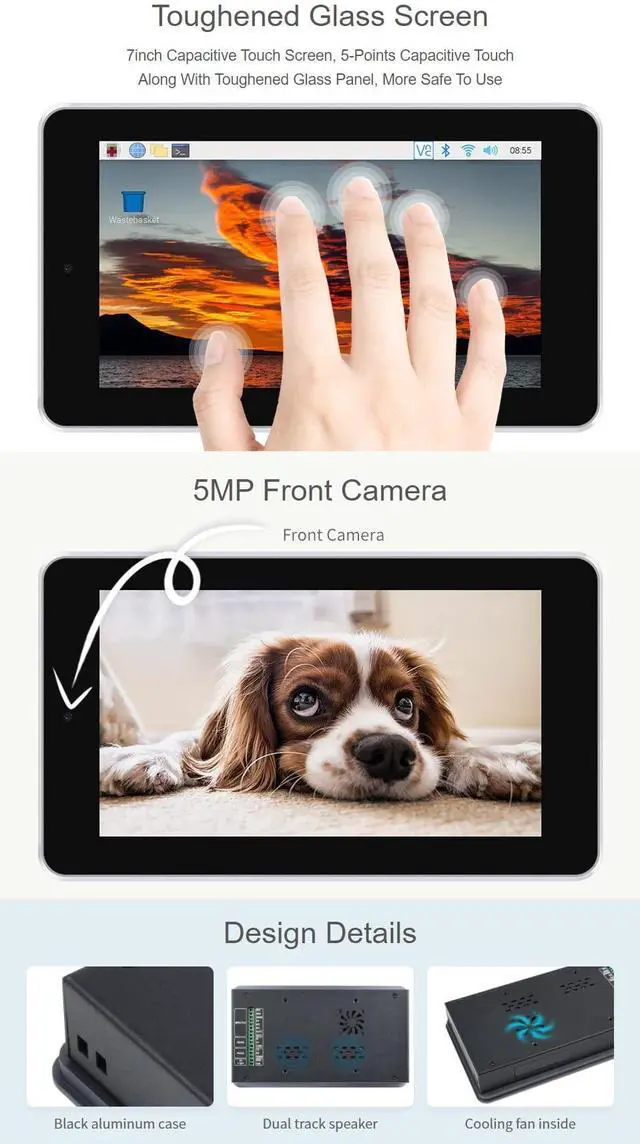 Alt view image 4 of 5 - Waveshare 7inch Touch Screen All-in-One Kit Designed for Raspberry Pi CM4 with 5MP Camera Aluminum Case Includes CSI, HDMI, USB, M.2, ETH, RS232, RS485 Interfaces