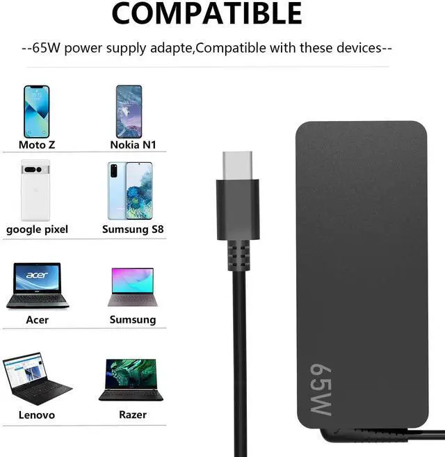 Alt view image 4 of 5 - Lvyatuo 65W USB Type-C Charger Fit for Lenovo Thinkpad T14 T14S T15 T16 Yoga L13 7i L14 L15 E14 E15 X12 X13 R14 K14 Gen 1 2 3 4 ThinkBook 13S 14S 15 Plus Laptop Power Supply Adapter Cord