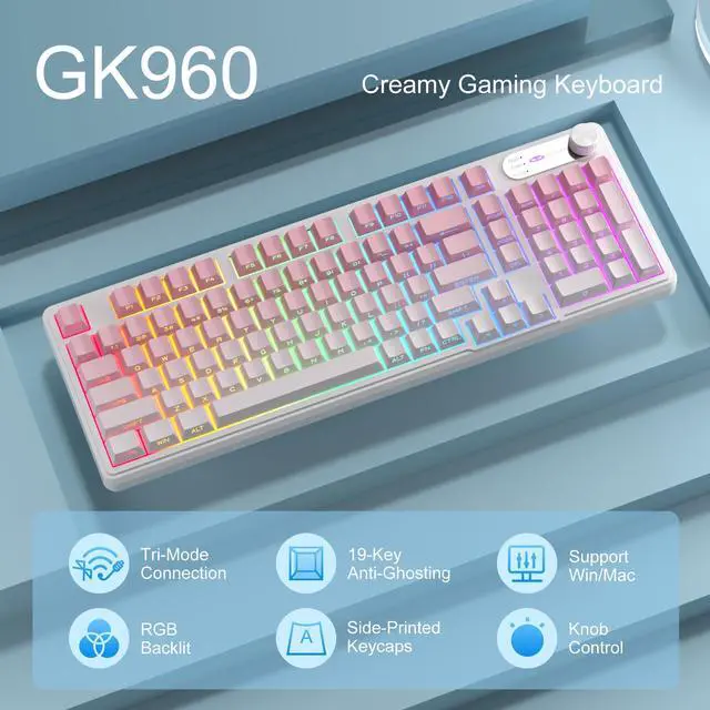 Alt view image 2 of 5 - MageGee GK960 Wireless Gaming Keyboard, RGB Tri-Mode Wired/BT/2.4G Creamy Keyboard with Number Pad, 4000mAh Battery, Knob Control, Side Printed Keycaps, 19-Key Anti-Ghosting for Win/Mac (Pink & White)
