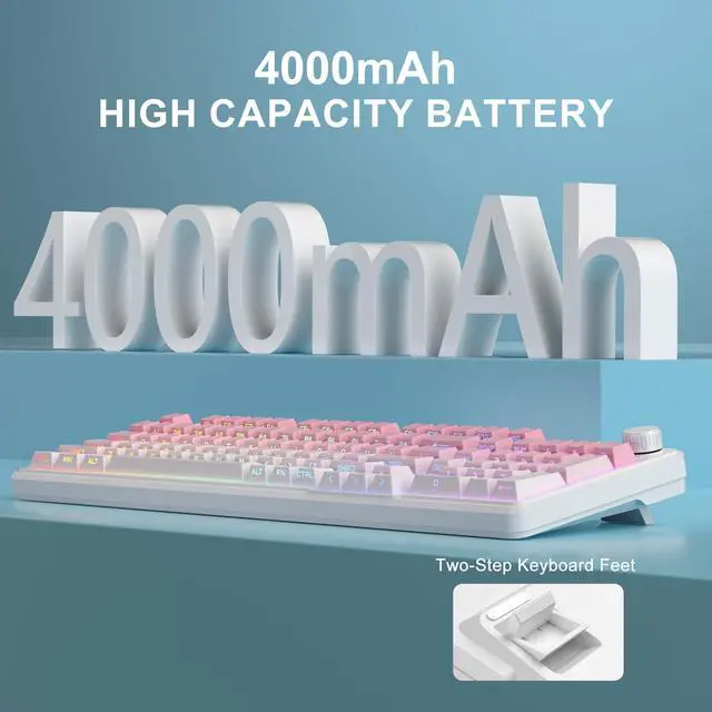 Alt view image 5 of 5 - MageGee GK960 Wireless Gaming Keyboard, RGB Tri-Mode Wired/BT/2.4G Creamy Keyboard with Number Pad, 4000mAh Battery, Knob Control, Side Printed Keycaps, 19-Key Anti-Ghosting for Win/Mac (Pink & White)