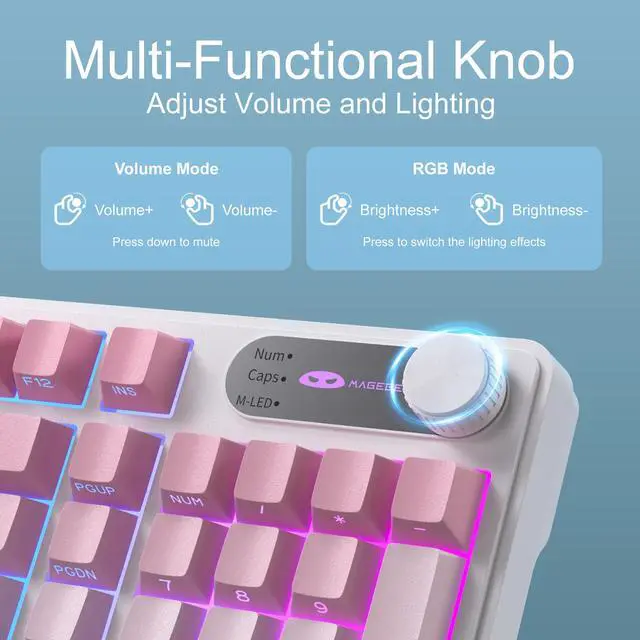 Alt view image 4 of 5 - MageGee GK960 Wireless Gaming Keyboard, RGB Tri-Mode Wired/BT/2.4G Creamy Keyboard with Number Pad, 4000mAh Battery, Knob Control, Side Printed Keycaps, 19-Key Anti-Ghosting for Win/Mac (Pink & White)