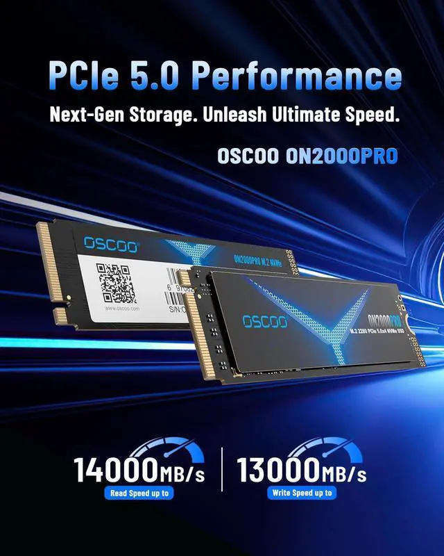 Alt view image 3 of 5 - OSCOO 2TB NVMe Gen 5.0 SSD,Up 14,000MB/s,3D TLC NAND, DRAM Cache, M.2 NVMe PCIe 2280 Gen5x4 SSD for AI Applications,Gaming,PS5,Laptop,Heavy-Duty Workstations with Graphene-Copper Pad Thermal Solution