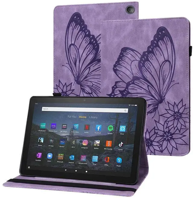 Main image of UUcovers for Amazon 10.1" Kindle Fire HD 10 Case (Only Compatible with 11th Generation, 2021) & Fire HD 10 Plus with Pencil Holder/Card Pocket/Folio Stand/PU Leather Cover, Purple Butterfly Flower