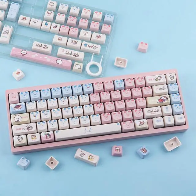 Alt view image 2 of 5 - TYRIXKI PBT Keycaps 142 Keys Pink Blue Meow Meow Cat Keycaps Dye-Sublimation Cute Keycap Mao Profile Custom Keycap for Cherry Gateron MX Swithes Mechanical Gaming Keyboards