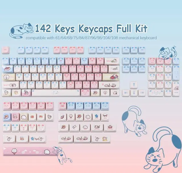 Alt view image 4 of 5 - TYRIXKI PBT Keycaps 142 Keys Pink Blue Meow Meow Cat Keycaps Dye-Sublimation Cute Keycap Mao Profile Custom Keycap for Cherry Gateron MX Swithes Mechanical Gaming Keyboards