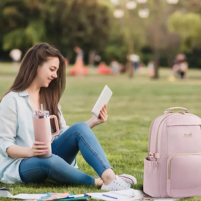 Alt view image 2 of 5 - LOVEVOOK Laptop Backpack for Women with Pouch Pocket for Large Capacity Cup,18 Inch Teacher Nurse College Work Backpack Purse,Waterproof Laptop Bag Computer Carry on Back Pack for Travel, Light Pink