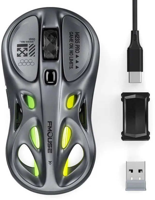 Main image of FMOUSE Gaming Wireless Mouse, Tri-Mode (2.4G/Bluetooth/Wired), 4800 DPI, 1000Hz Ergonomic Hollow RGB Rechargeable Type-C for Mac/Laptop/iPad/Office - Gray