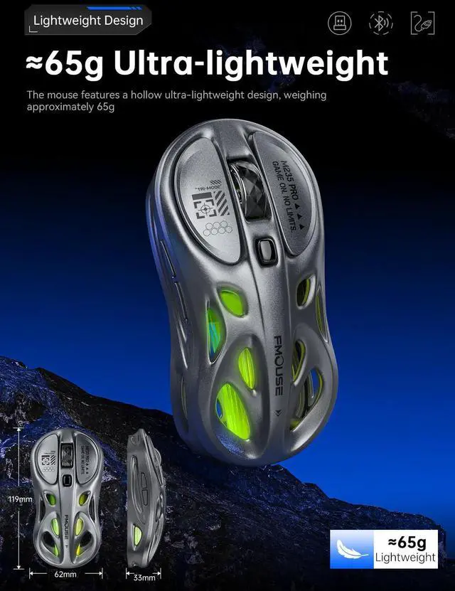 Alt view image 3 of 5 - FMOUSE Gaming Wireless Mouse, Tri-Mode (2.4G/Bluetooth/Wired), 4800 DPI, 1000Hz Ergonomic Hollow RGB Rechargeable Type-C for Mac/Laptop/iPad/Office - Gray