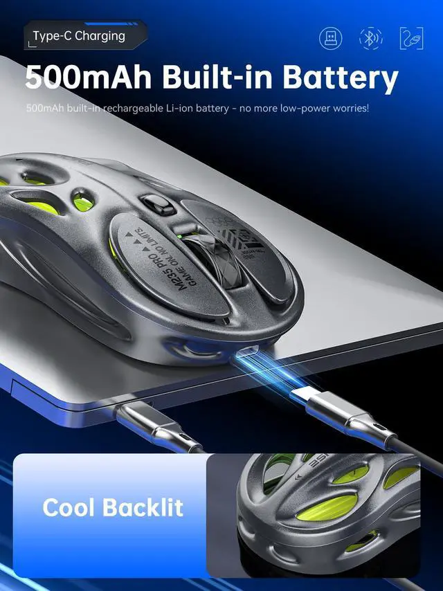 Alt view image 4 of 5 - FMOUSE Gaming Wireless Mouse, Tri-Mode (2.4G/Bluetooth/Wired), 4800 DPI, 1000Hz Ergonomic Hollow RGB Rechargeable Type-C for Mac/Laptop/iPad/Office - Gray