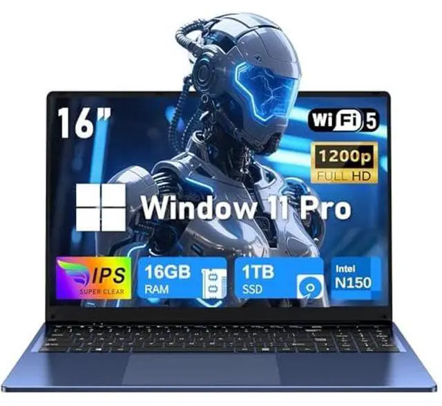 Main image of NIAKUN 16 Inch Laptop Computer, Gaming Laptop 2025, 16GB RAM 1TB SSD, N150 Processor(Up to 3.6GHz), FHD 1920 * 1200, 180° Open, Backlit, BT4 WIFI5, Windows 11 Pro, 6000mAh/46.2WhPremium Navy