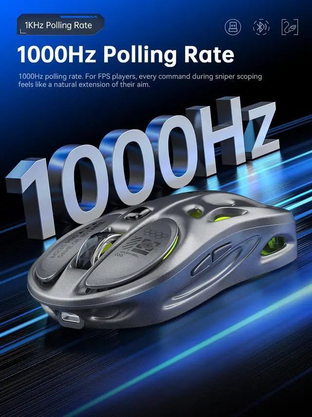 Alt view image 5 of 5 - FMOUSE Gaming Wireless Mouse, Tri-Mode (2.4G/Bluetooth/Wired), 4800 DPI, 1000Hz Ergonomic Hollow RGB Rechargeable Type-C for Mac/Laptop/iPad/Office - Gray