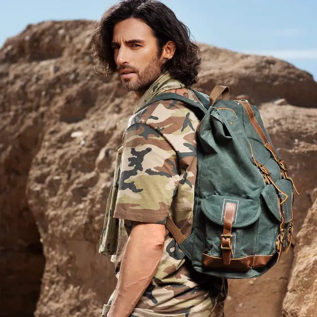 Alt view image 2 of 5 - BRASS TACKS Leathercraft Heavy Duty Waxed Canvas Vintage Backpack for Men Women Trim Casual 15.6" laptop Bookbag Travel Rucksack Shoulder Rucksack for Travel