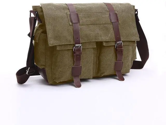 Main image of Vintage Canvas Messenger Bag, 15.6 Inch Laptop Crossbody Satchel with Multi-Pocket and Adjustable Shoulder Strap (Army Green, Large)