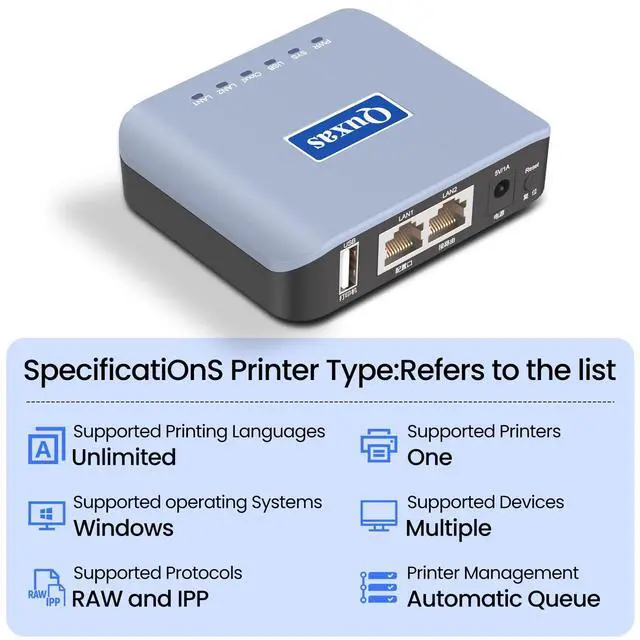 Alt view image 4 of 5 - Quxas Printer Sharing Server, Wireless USB Print Server for Windows/Mac/Linux,Support Inkjet and Laser Printers, Model LP-N110W (Blue)