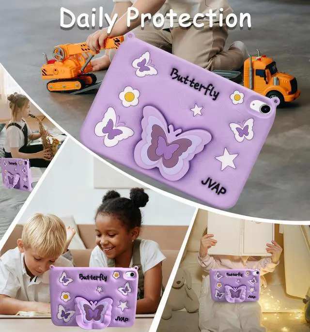 Alt view image 4 of 5 - Weuiean Premium Safe Material Silicone 3D Cartoon-Themed Shockproof Case for iPad A16 11th/10th Gen 11"/10.9", with Adjustable Shoulder Strap &Stand, for Women Girls Girly Boys Teens, Purple Butterfly