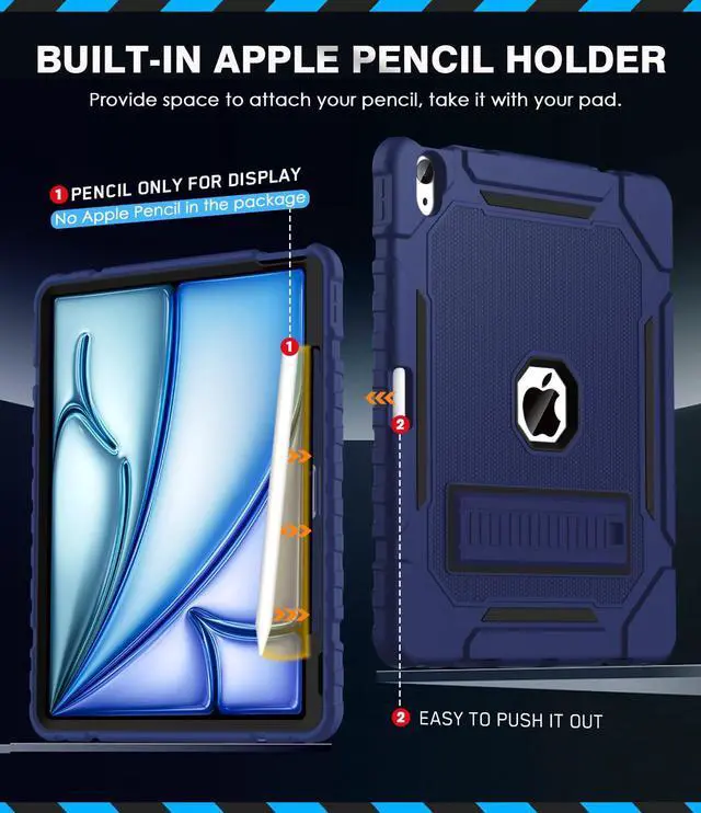 Alt view image 3 of 5 - Grifobes Case for iPad Air 13-inch (M3/M2) 2025/2024, Heavy Duty Shockproof Rugged Protective Cover with Pencil Holder/Built-in Stand for i Pad Air 13" (Navy Blue)