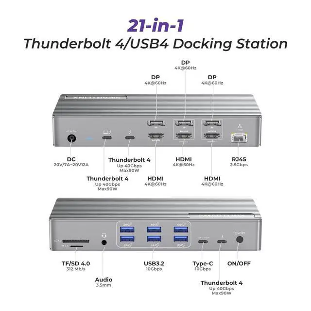 Alt view image 2 of 5 - Thunderbolt 4 Dock with DisplayLink - USB-C/A MacBook Docking Station, Chrome, Windows 10/11 Compatible - 21 Ports, Dual/Triple/Quad/5 Monitor Support - 40Gbps, 150W Charging, 8K/4K Display