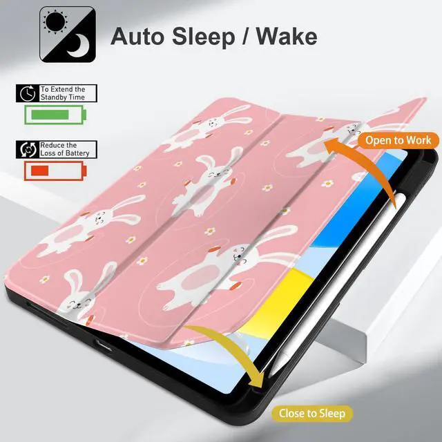 Alt view image 3 of 5 - MEEgoodo Case for iPad A16 11th Generation 11 inch 2025/iPad 10th Generation 10.9 inch 2022,Tablet Cover with Trifold Stand + Pencil Holder + Auto Wake/Sleep + Soft TPU Back Cover,Bunnies Jumping Rope