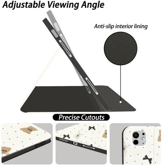 Alt view image 4 of 5 - JOYLAND Bear Pad Case for iPad 10th Generation 2022 10.9"/iPad (A16) 11th Generation 2025 11" with Pencil Holder Cartoon Bowknot Pattern Multi-Angle Viewing Folio Stand Leather Cover Auto Sleep/Wake