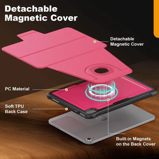 Alt view image 4 of 5 - KAIJIAbox Case for iPad (A16) 11th/10th Generation 2025/2022 11/10.9, Heavy Duty Shockproof Case with 360 Rotating Magnetic Stand, Detachable Magnetic Cover, Auto Sleep/Wake, Wine red