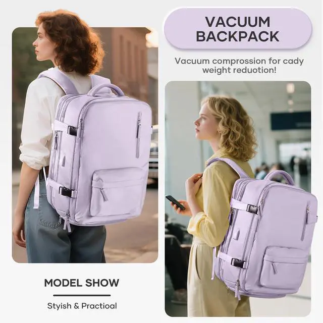 Alt view image 2 of 5 - Vacuum Backpack Travel with Pump, 45L Expandable Travel Backpack for Women, Large Storage Vacuum Compression Bags with Shoe Compartment/17inch Laptop Compartment/USB Port, Pink-Purple