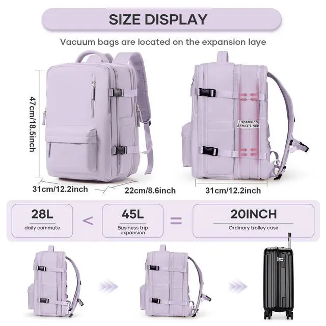 Alt view image 4 of 5 - Vacuum Backpack Travel with Pump, 45L Expandable Travel Backpack for Women, Large Storage Vacuum Compression Bags with Shoe Compartment/17inch Laptop Compartment/USB Port, Pink-Purple