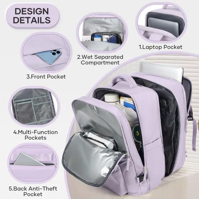 Alt view image 3 of 5 - Vacuum Backpack Travel with Pump, 45L Expandable Travel Backpack for Women, Large Storage Vacuum Compression Bags with Shoe Compartment/17inch Laptop Compartment/USB Port, Pink-Purple
