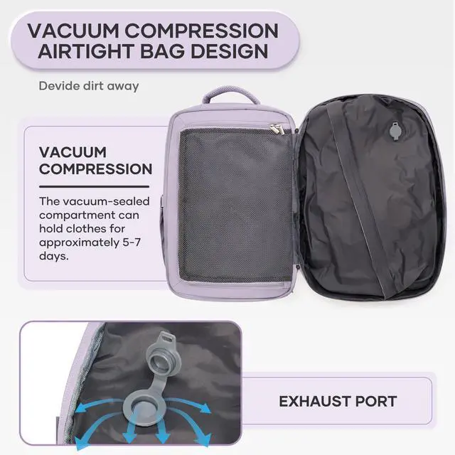 Alt view image 5 of 5 - Vacuum Backpack Travel with Pump, 45L Expandable Travel Backpack for Women, Large Storage Vacuum Compression Bags with Shoe Compartment/17inch Laptop Compartment/USB Port, Pink-Purple