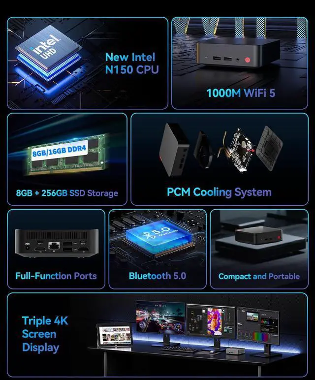 Alt view image 2 of 5 - BNCF Mini PC NewBox B01 Intel N150 3.6GHz, 16GB DDR4 RAM 512GB PCIe SSD Triple 4K Display Windows 11 Pro, HDMI×2+USB×4+Type-C×2 WiFi 5 & BT 5.0 Portable Desktop Mini Computer for Office/Gaming