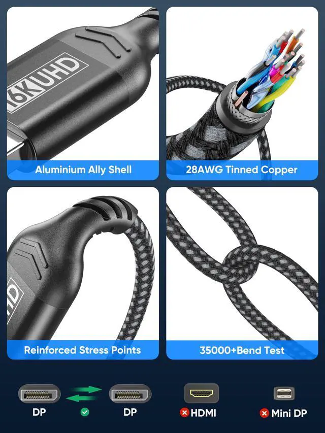 Alt view image 2 of 5 - SROMGEE 6.6FT Display-Port to Display-Port 2.1 for Computer Monitor, VESA Certified Displayport 2.1 Cable, 80gbps[16K@60HZ/8K@120HZ/4K@240HZ] DisplayPort Cord for HDR/VRR/G-Sync/FreeSync/DLSS