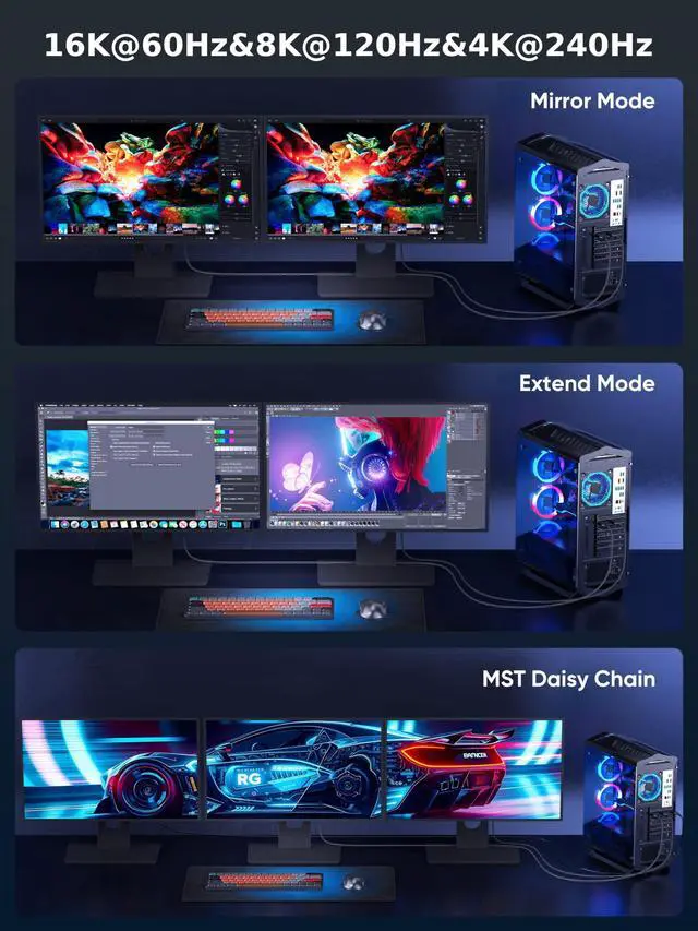 Alt view image 3 of 5 - SROMGEE 6.6FT Display-Port to Display-Port 2.1 for Computer Monitor, VESA Certified Displayport 2.1 Cable, 80gbps[16K@60HZ/8K@120HZ/4K@240HZ] DisplayPort Cord for HDR/VRR/G-Sync/FreeSync/DLSS