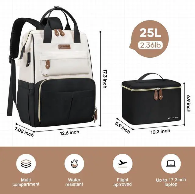 Alt view image 5 of 5 - Maelstrom Travel Backpack for Women Men,Laptop Backpack Fits 15.6-17.3 Inch Laptop, Nurse/Teacher/Work Bag with Insulated Lunch Box,Water Resistant Carry On Backpack,Black-Beige