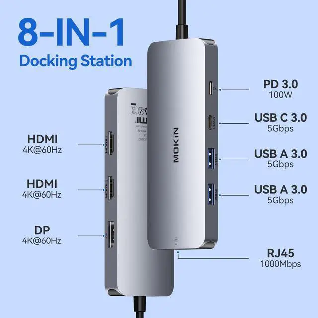 Alt view image 2 of 5 - USB C Docking Station for 3 Monitors, 8 in 1 Docking Station Dual HDMI, Triple 4K Display with 2 HDMI and 1 Displayport, 1 Gbps Ethernet, 100W PD Charging, 3 USB 3.0 Ports for Dell, HP (Beige)