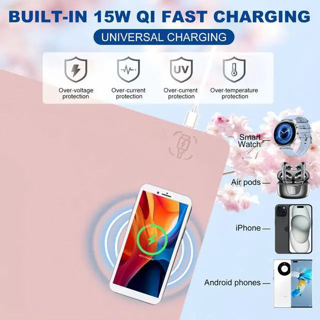Alt view image 2 of 5 - Desk Mat with Wireless Charging, Pink Mouse Pad with Wireless Charger, Desk Pad Matt for Desktop, Mousepad Gaming Large Mouse Pad, Leather Compute for Keyboard and Mouse, 32" x 16"