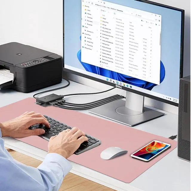 Alt view image 5 of 5 - Desk Mat with Wireless Charging, Pink Mouse Pad with Wireless Charger, Desk Pad Matt for Desktop, Mousepad Gaming Large Mouse Pad, Leather Compute for Keyboard and Mouse, 32" x 16"