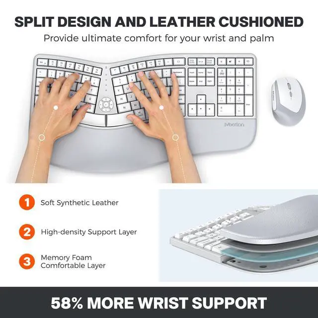 Alt view image 2 of 5 - MEETION Ergonomic keybaord and Mouse Wireless Combo, Rechargeable Keyboard and Mouse Set, Ergo Split Keyboard, Wireless Vertical Mouse, for Windows/Mac Gray White