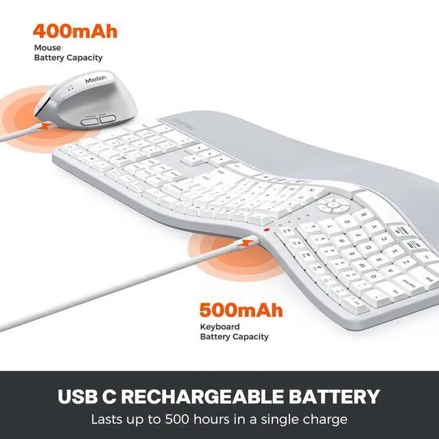 Alt view image 4 of 5 - MEETION Ergonomic keybaord and Mouse Wireless Combo, Rechargeable Keyboard and Mouse Set, Ergo Split Keyboard, Wireless Vertical Mouse, for Windows/Mac Gray White