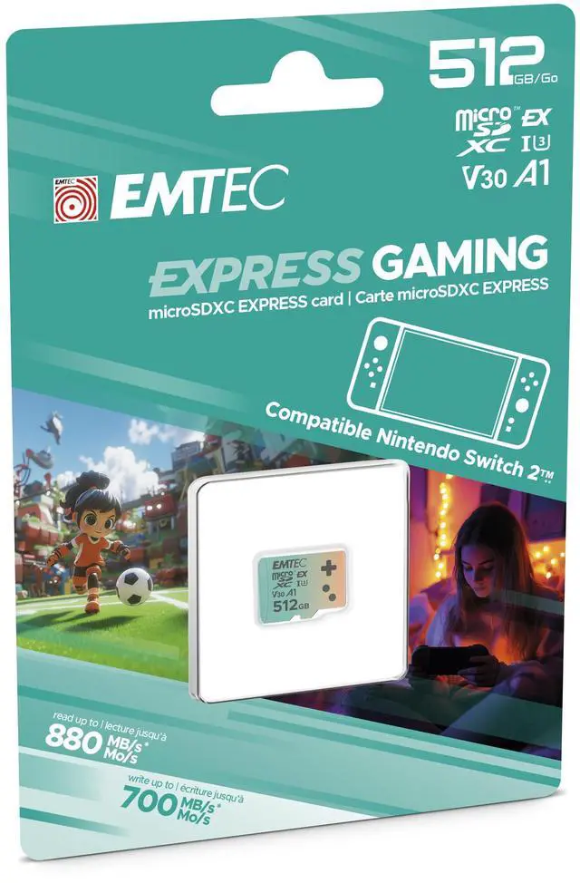 Main image of EMTEC Express Gaming microSD, microSD Express 7.1 PCIe NVMe, Up to 880MB/s Read, 700MB/s Write, SSD-Level Speed for Nintendo Switch 2, Consoles, 4K UHD (Teal, 512, GB)