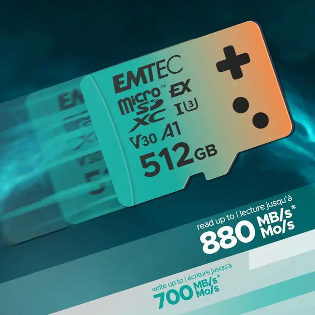 Alt view image 3 of 5 - EMTEC Express Gaming microSD, microSD Express 7.1 PCIe NVMe, Up to 880MB/s Read, 700MB/s Write, SSD-Level Speed for Nintendo Switch 2, Consoles, 4K UHD (Teal, 512, GB)