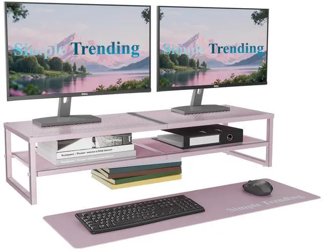 Main image of Simple Trending 2 Tier Metal Dual Monitor Stand Riser, Computer Office Desktop Organizer for 2 Monitors with 32"x10" Mouse Pad for Laptop, Printer, TV, Pink