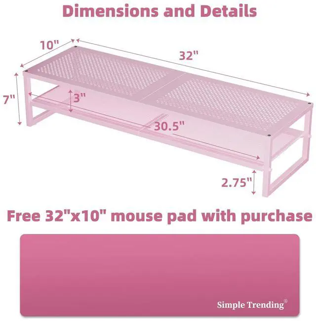 Alt view image 3 of 5 - Simple Trending 2 Tier Metal Dual Monitor Stand Riser, Computer Office Desktop Organizer for 2 Monitors with 32"x10" Mouse Pad for Laptop, Printer, TV, Pink