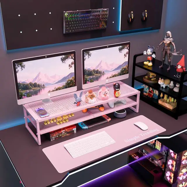 Alt view image 2 of 5 - Simple Trending 2 Tier Metal Dual Monitor Stand Riser, Computer Office Desktop Organizer for 2 Monitors with 32"x10" Mouse Pad for Laptop, Printer, TV, Pink