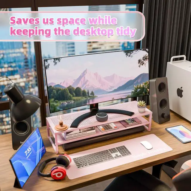 Alt view image 4 of 5 - Simple Trending 2 Tier Metal Dual Monitor Stand Riser, Computer Office Desktop Organizer for 2 Monitors with 32"x10" Mouse Pad for Laptop, Printer, TV, Pink